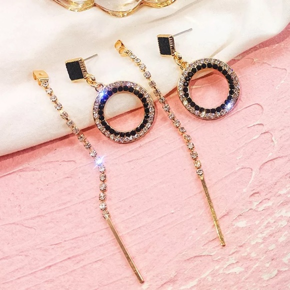 Gold Tone Black Circle Earrings - Picture 2 of 5